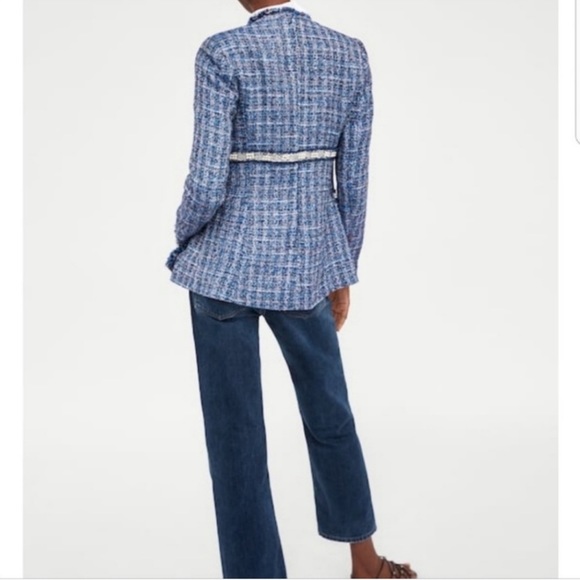 Zara Blue Tweed Blazer with Gorgeous Pearl Trim - Picture 3 of 12